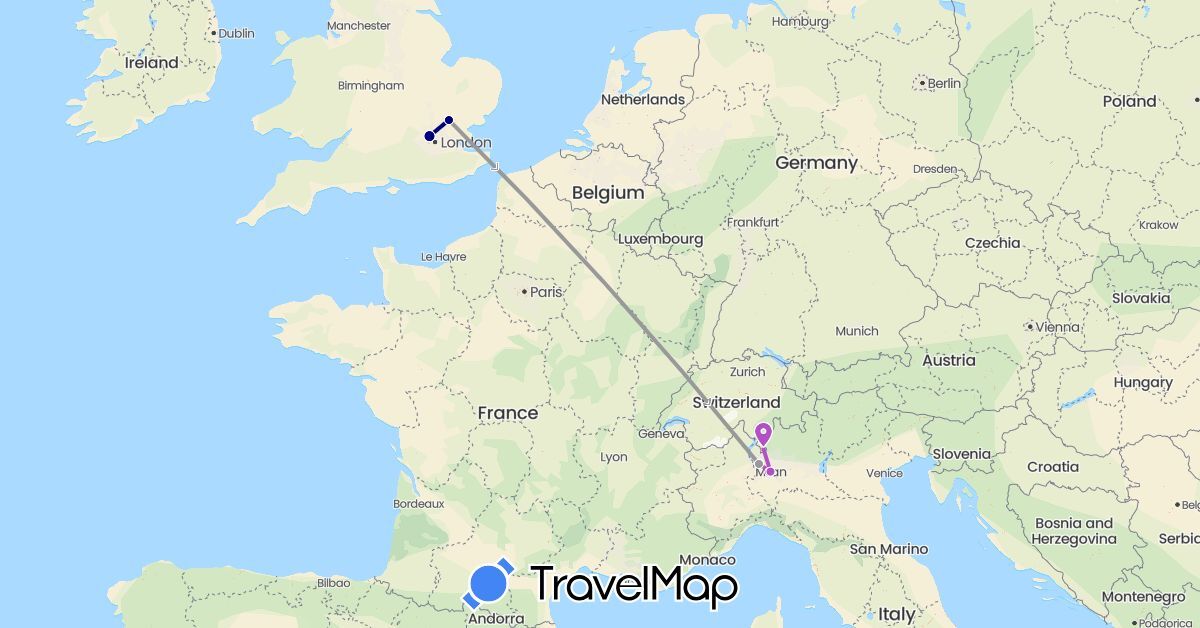 TravelMap itinerary: driving, plane, train in Switzerland, United Kingdom, Italy (Europe)